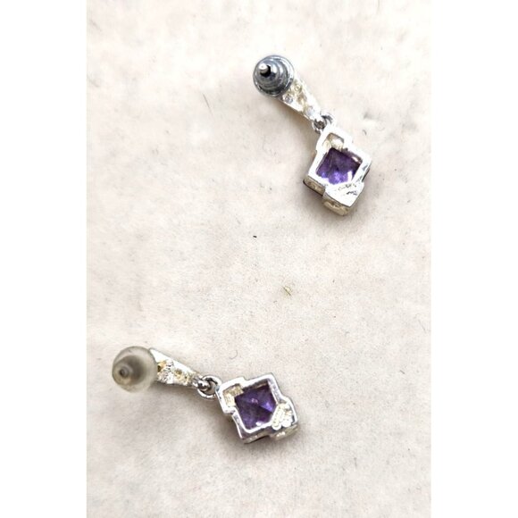 Silver Plated Square Amythyst Dangle Earrings - Stamped 925 - Picture 5 of 5